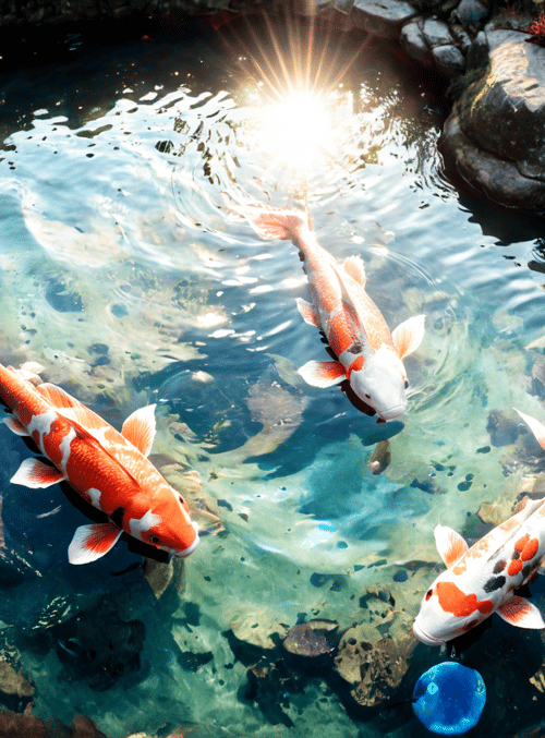 koi fish, pond, rocks