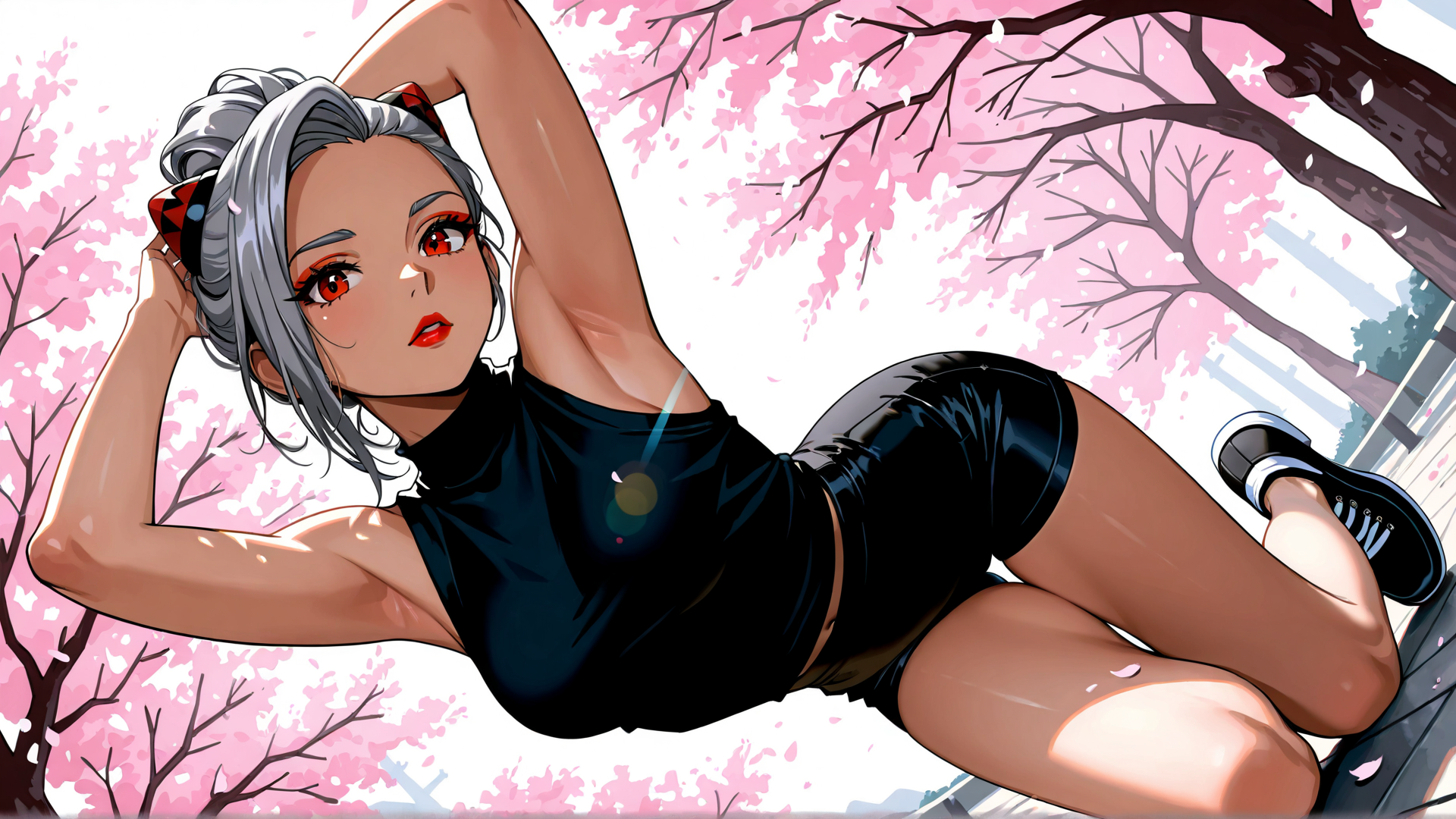 AI generated wallpaper featuring girl, cherry blossoms, tree, shoe, hair