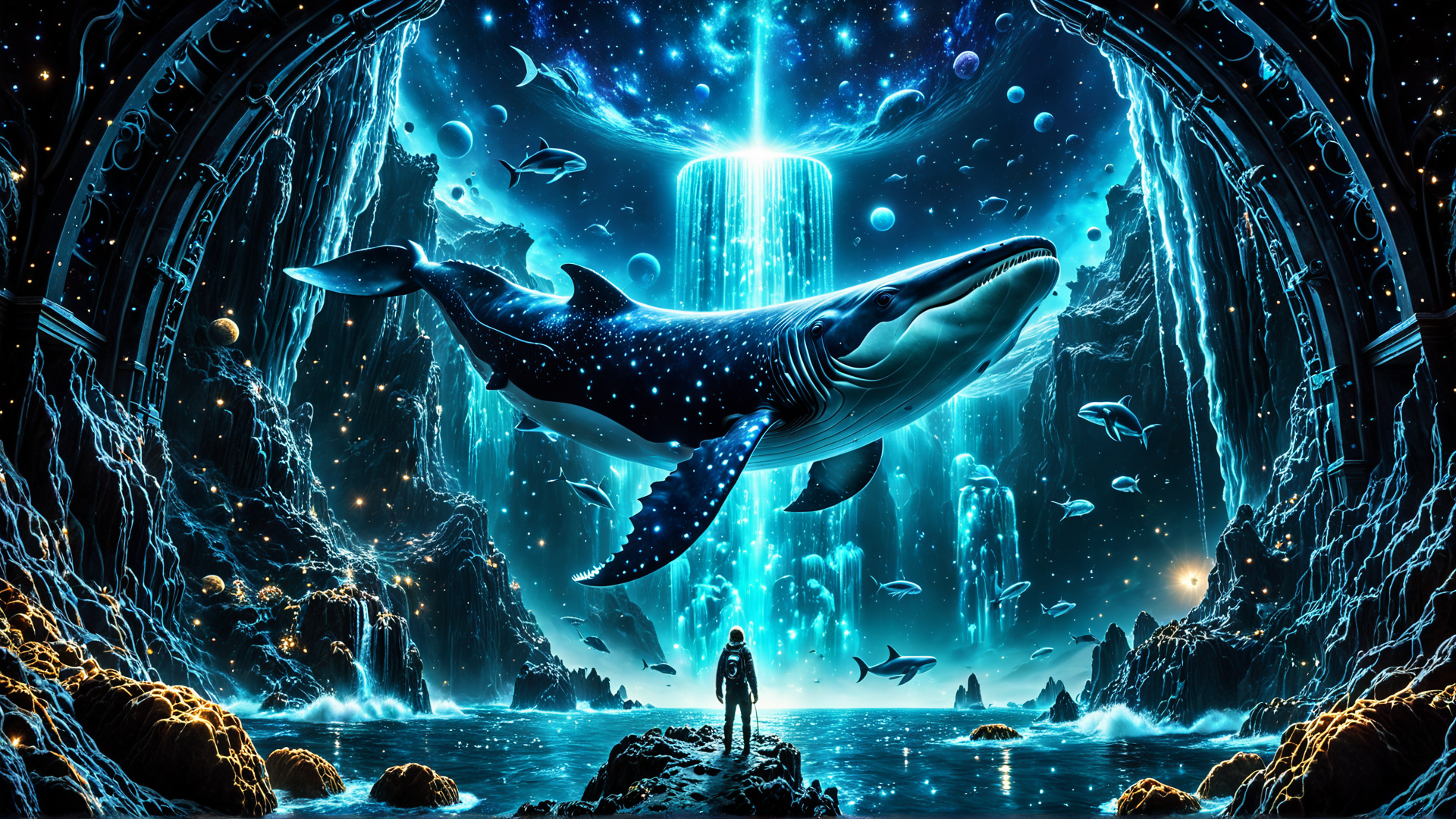 AI generated wallpaper featuring whale, person, fish, waterfall, stars, planets, cave, rocks, light, universe
