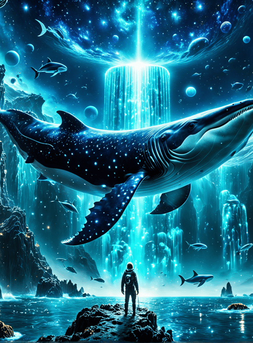 whale, person, fish, waterfall, stars, planets, cave, rocks, light, universe