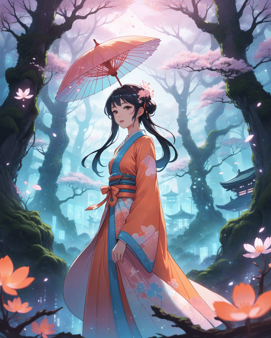 AI generated wallpaper featuring girl, umbrella, trees