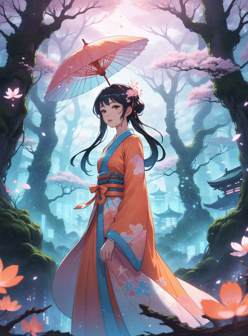 girl, umbrella, trees