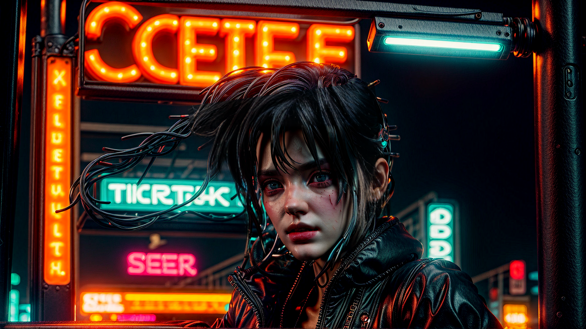 AI generated wallpaper featuring cyborg, woman, neon