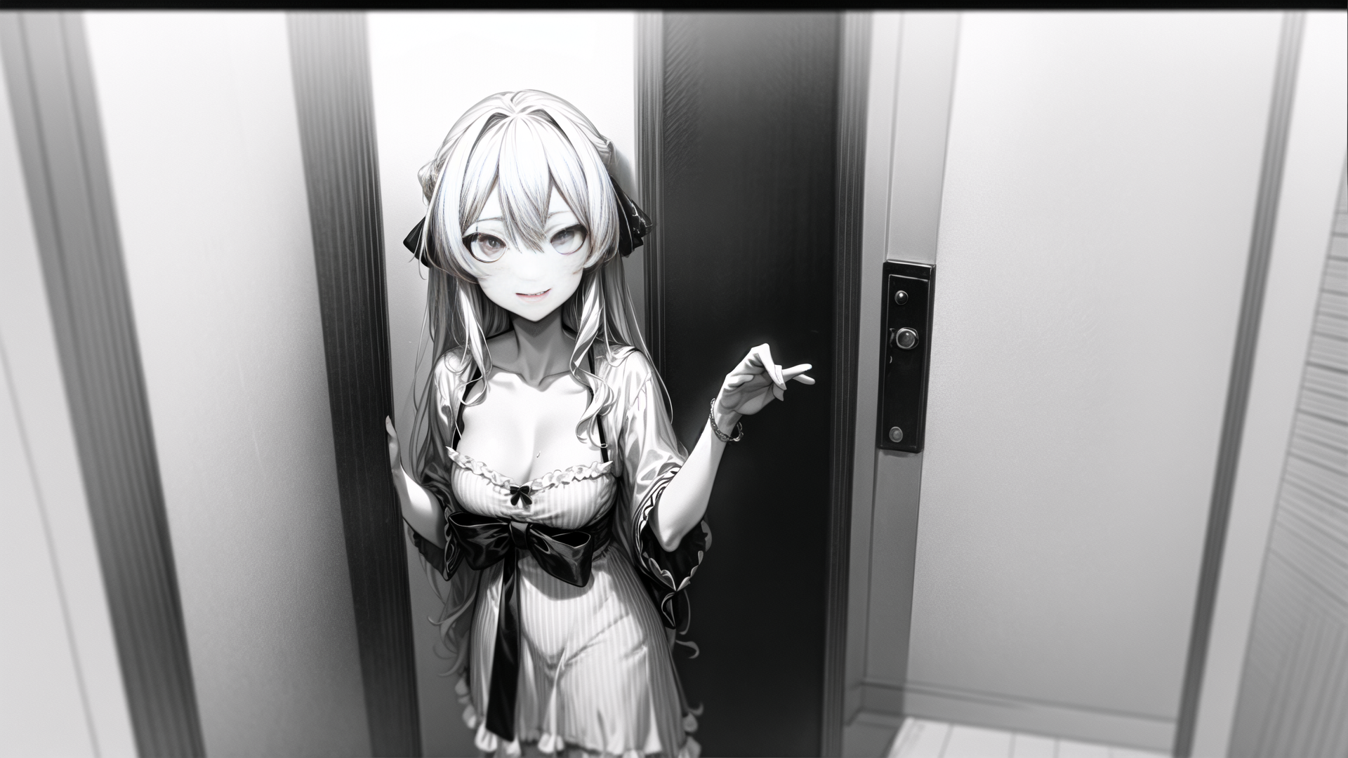 AI generated wallpaper featuring anime girl, elevator, door
