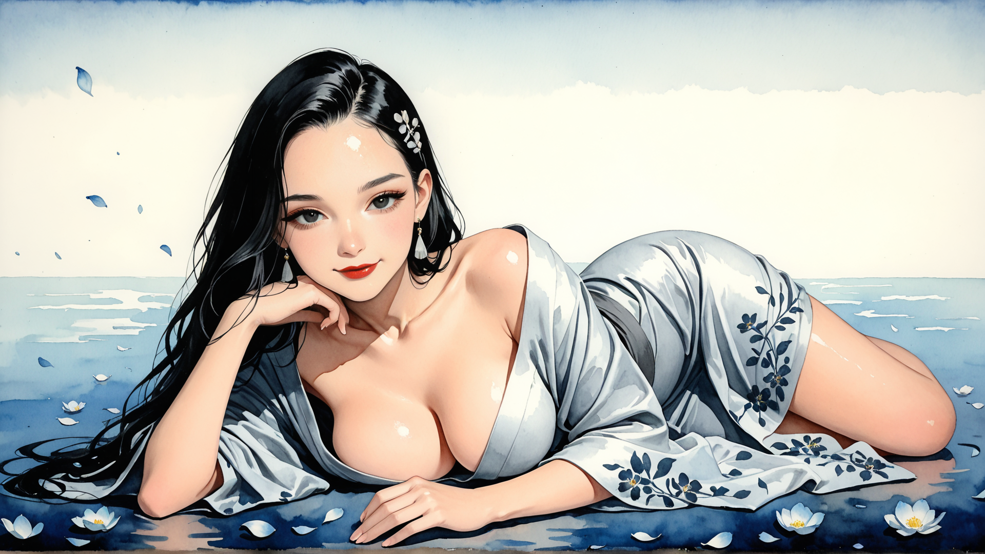 AI generated wallpaper featuring woman, lotus, water, dress, hair, flower, earring, skin, sky, petals