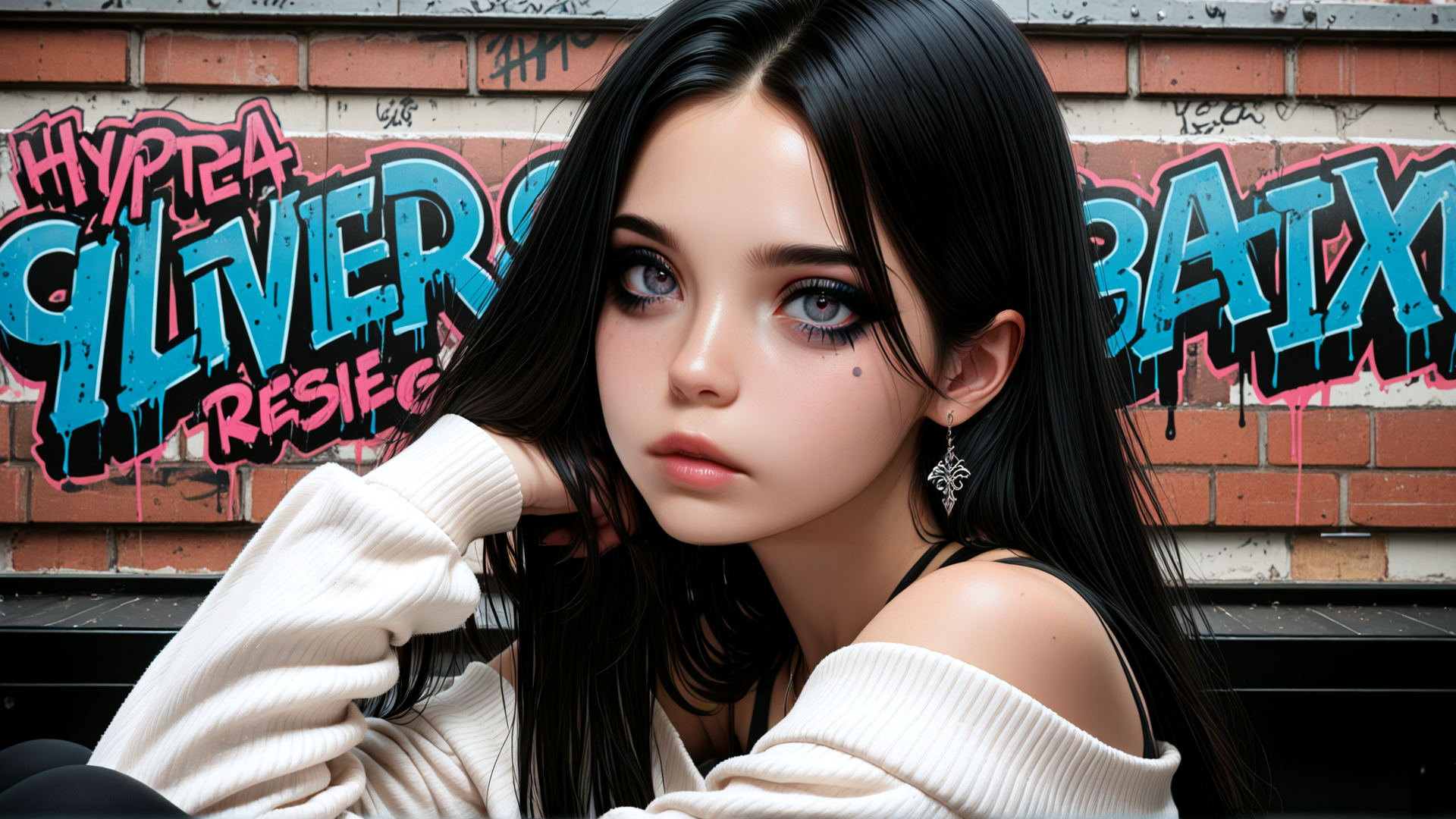 AI generated wallpaper featuring woman, graffiti, brick wall, sweater, earring