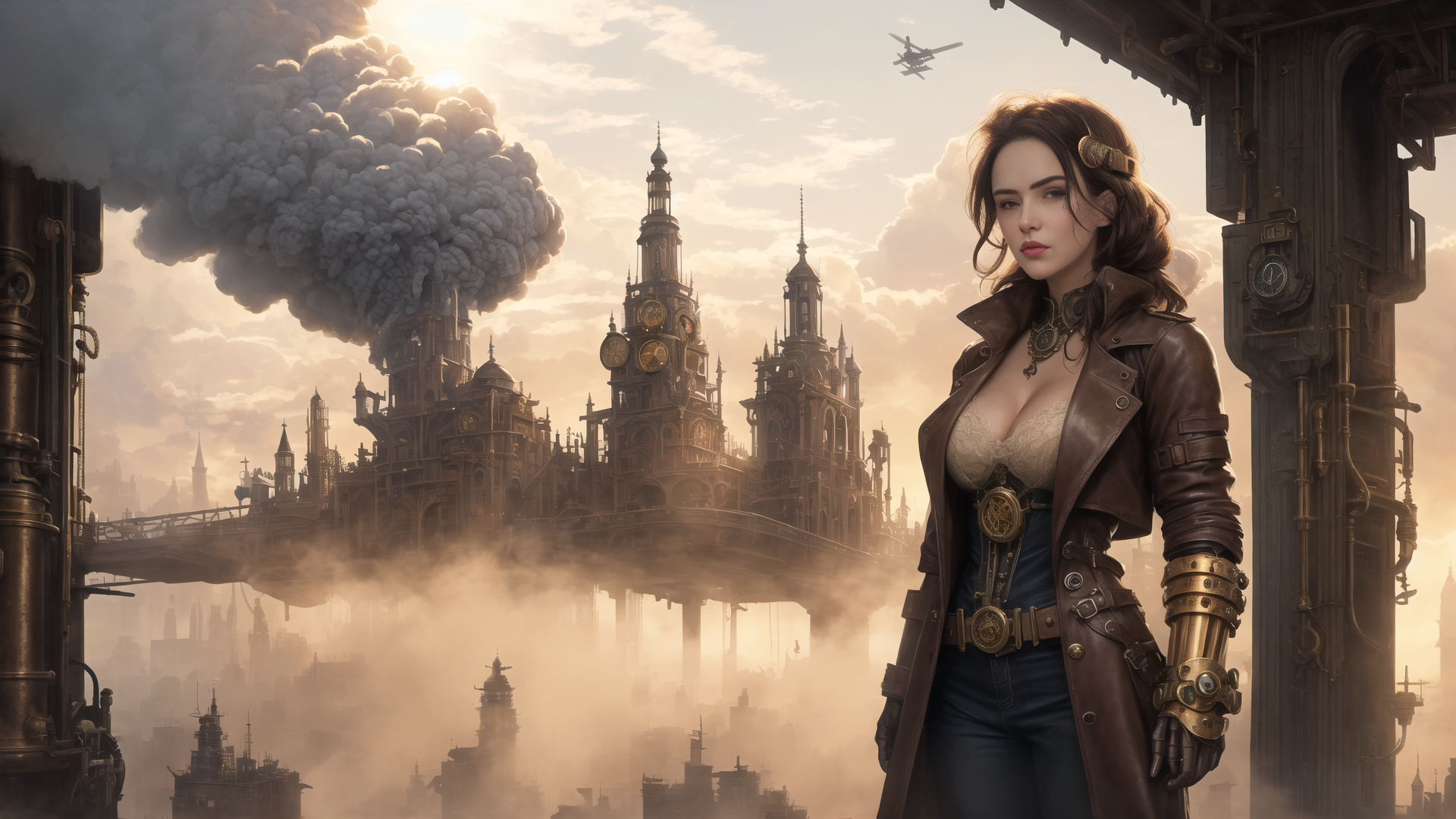 AI generated wallpaper featuring woman, steampunk city, airplane, clock tower, smoke