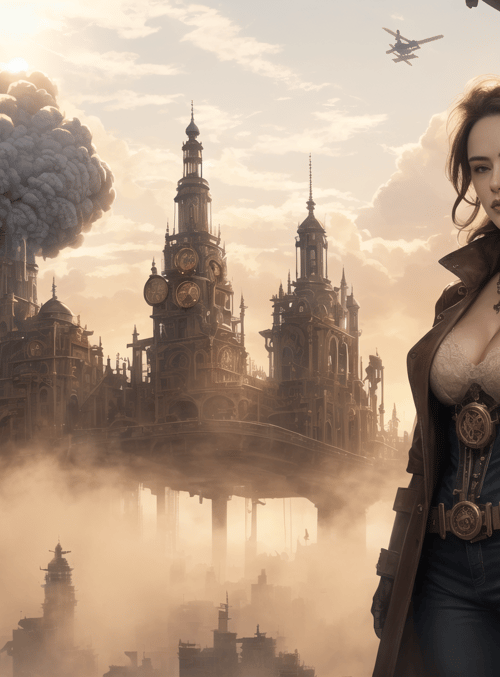woman, steampunk city, airplane, clock tower, smoke