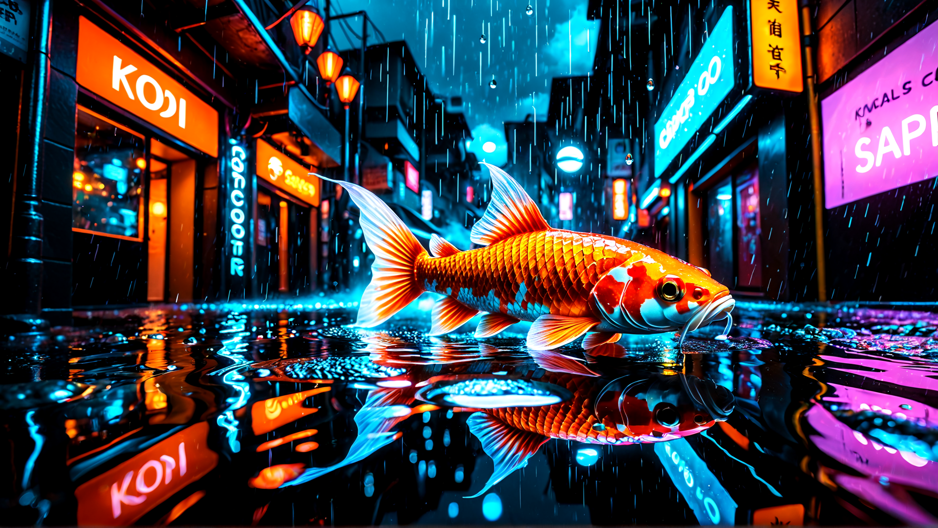 AI generated wallpaper featuring fish, street, rain, neon, reflection, signage, building, water, lamp, store