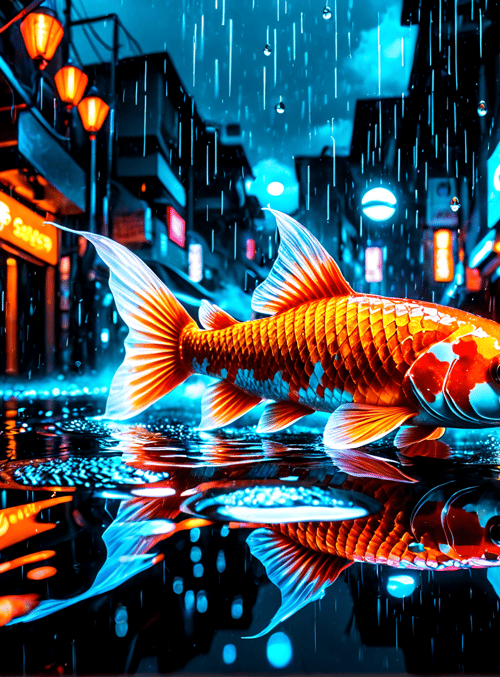 fish, street, rain, neon, reflection, signage, building, water, lamp, store