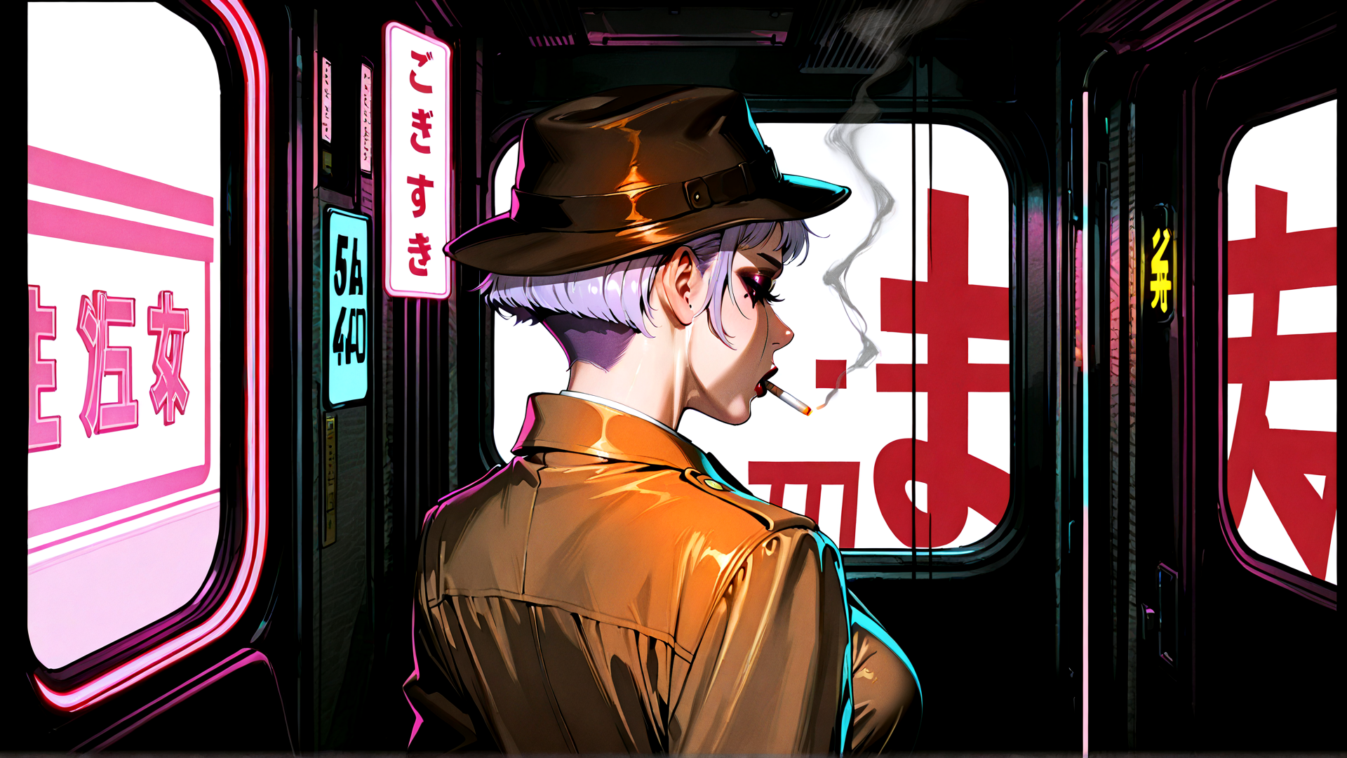 AI generated wallpaper featuring person, hat, cigarette, train, window, sign