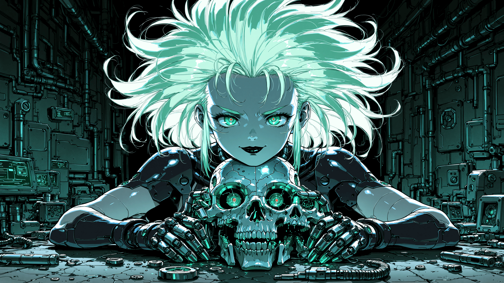 AI generated wallpaper featuring cyborg, robot, skull, mechanical hands, industrial