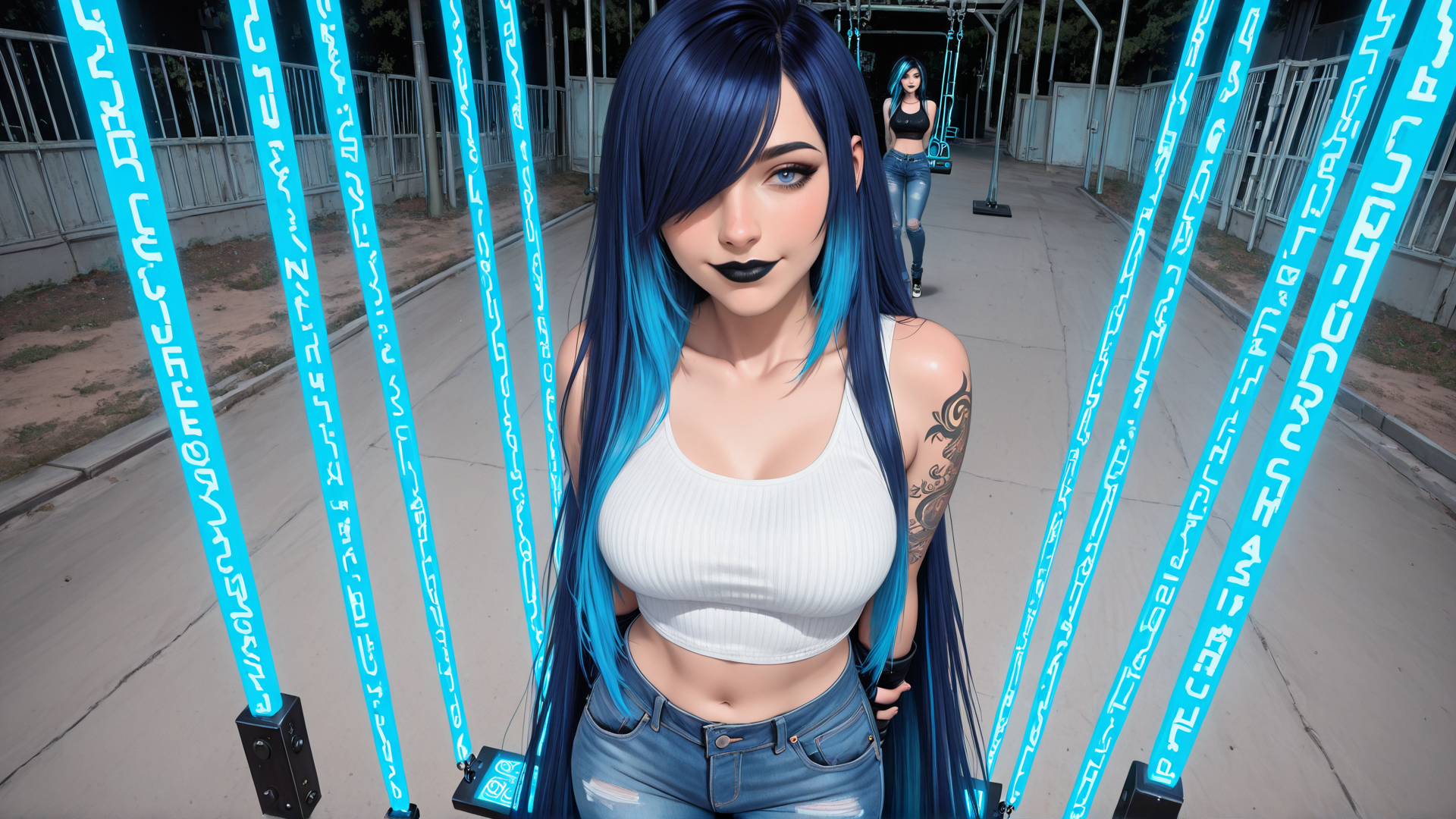AI generated wallpaper featuring woman, glasses, tattoo, jeans, crop top, blue hair, suspension bridge, swinging bridge, fence, path