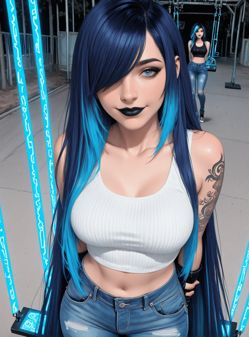 woman, glasses, tattoo, jeans, crop top, blue hair, suspension bridge, swinging bridge, fence, path