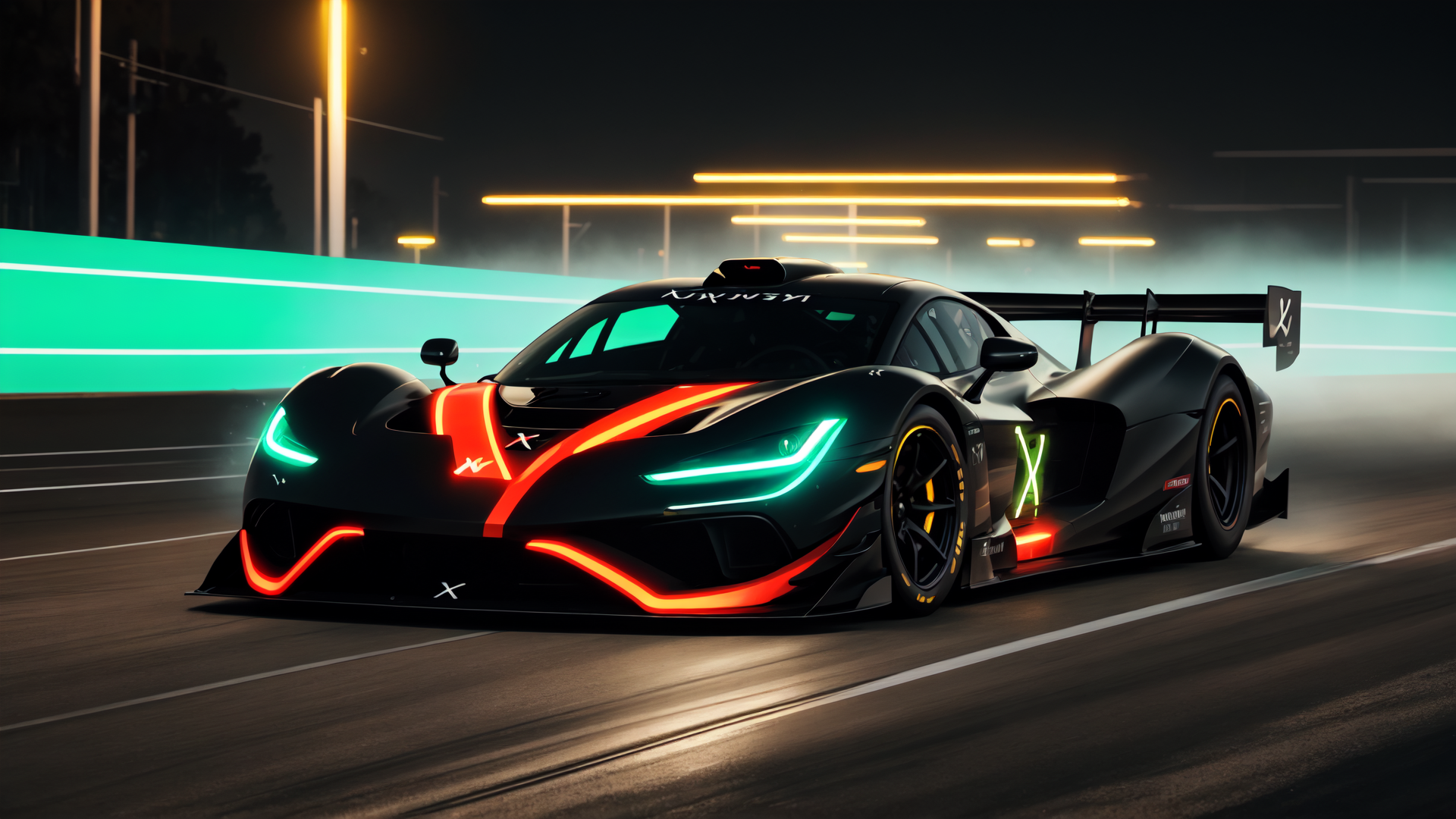 AI generated wallpaper featuring race car, sports car, supercar, hypercar, car, vehicle, automobile, track, road