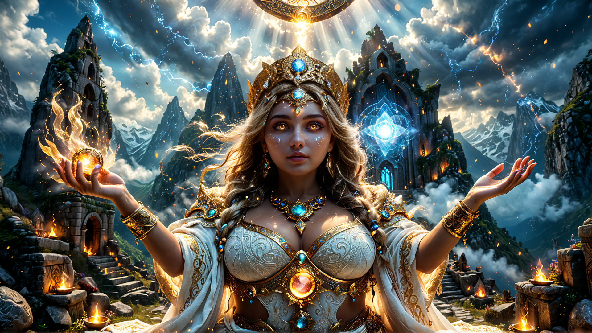 AI generated wallpaper featuring goddess, ancient, castle