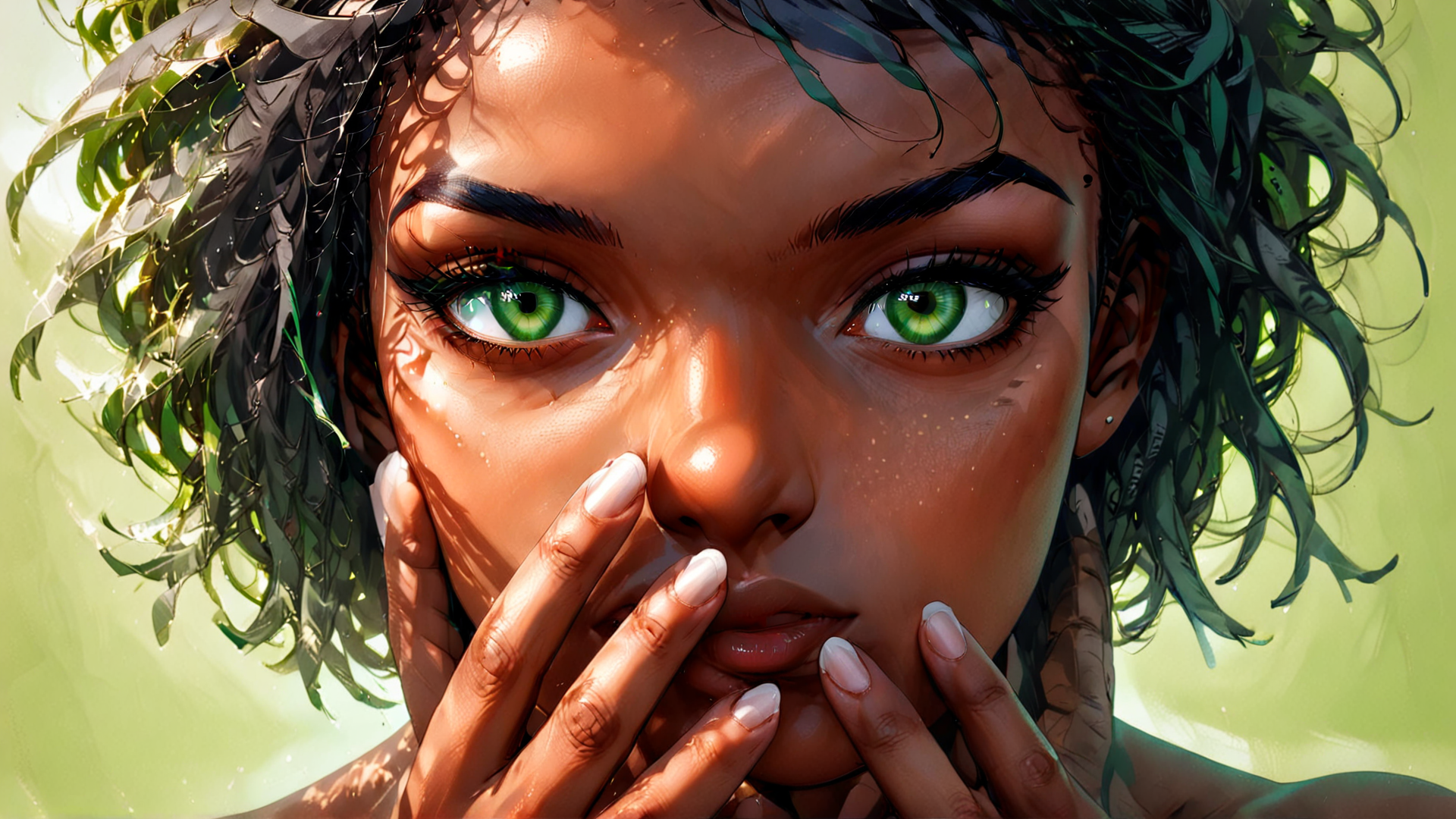 AI generated wallpaper featuring woman, face, hands, hair, leaves