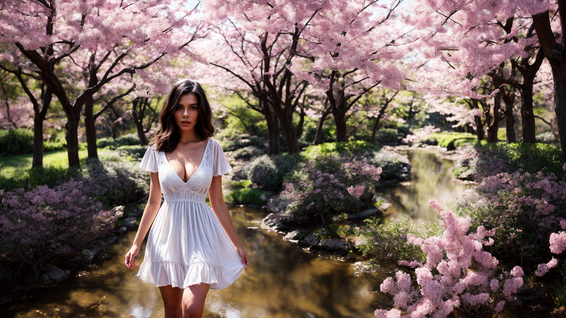 AI generated wallpaper featuring woman, cherry blossoms, stream