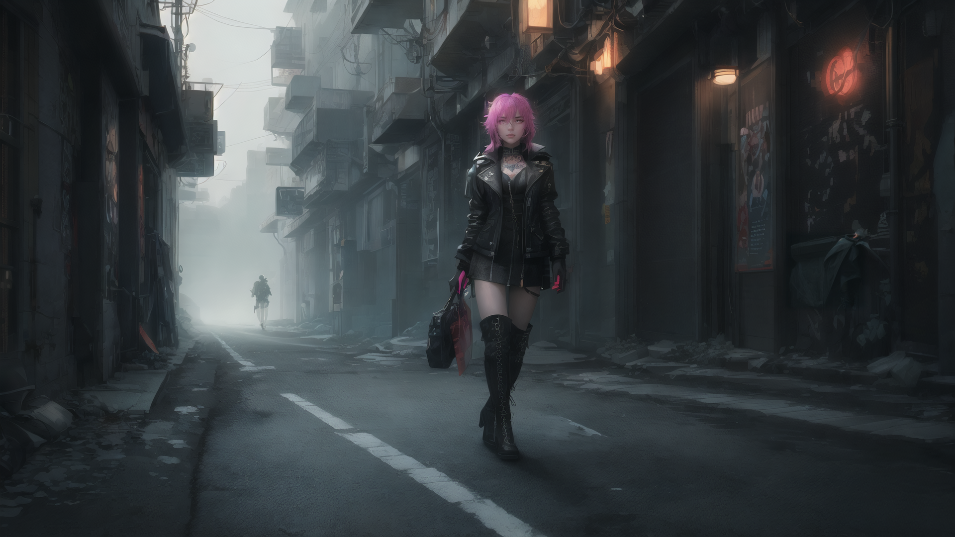 AI generated wallpaper featuring cyberpunk girl, street, neon sign