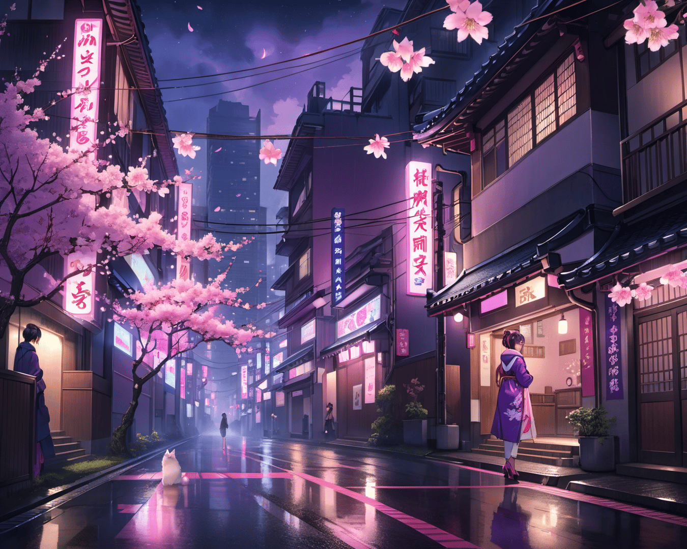AI generated wallpaper featuring street, sakura, woman
