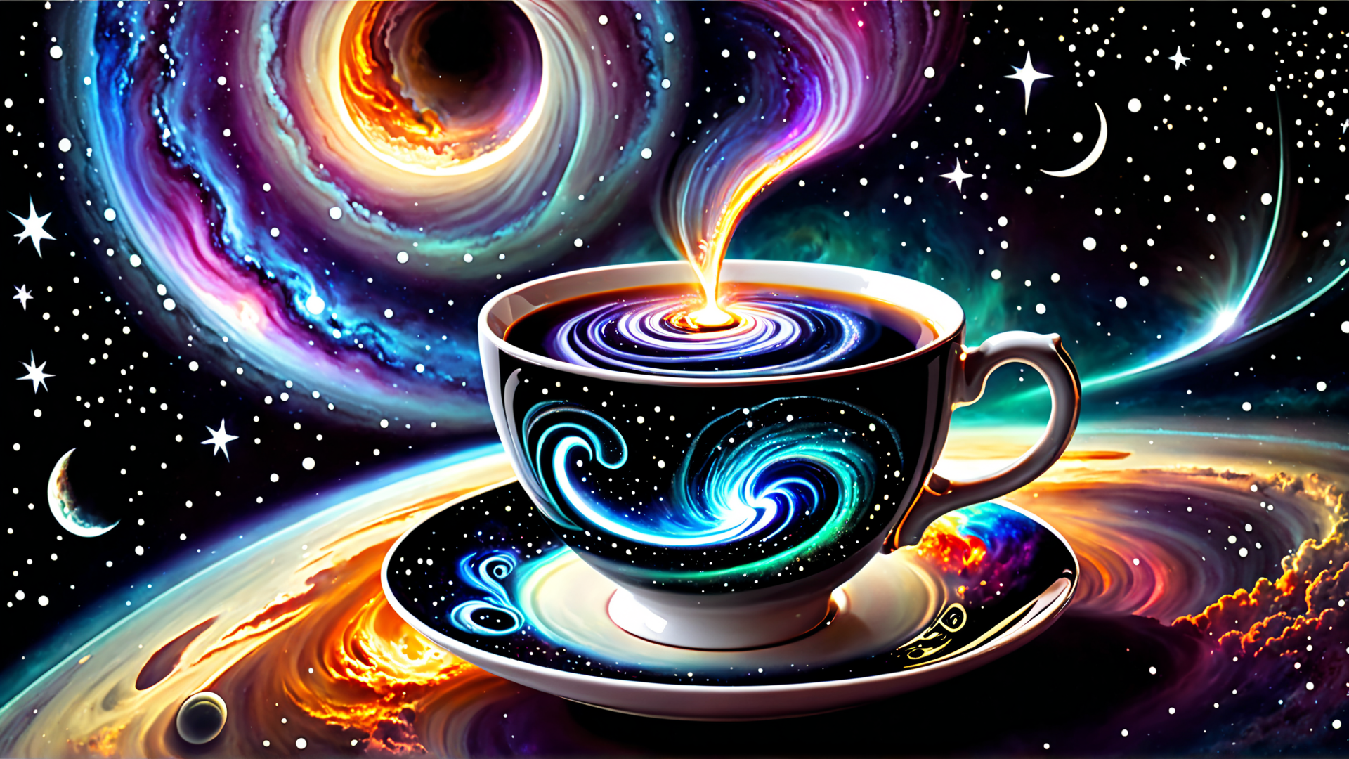 AI generated wallpaper featuring cup, galaxy, stars, moon, planet, solar system
