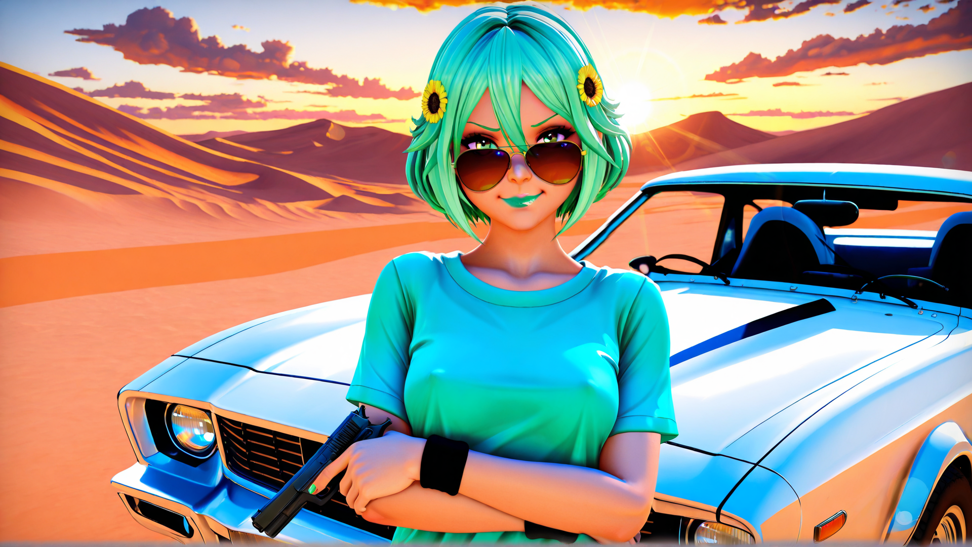AI generated wallpaper featuring woman, car, gun, sunflower, sunglasses, desert