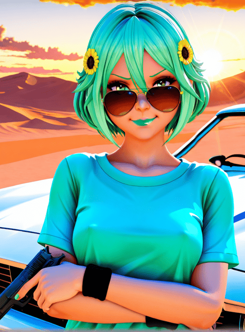 woman, car, gun, sunflower, sunglasses, desert