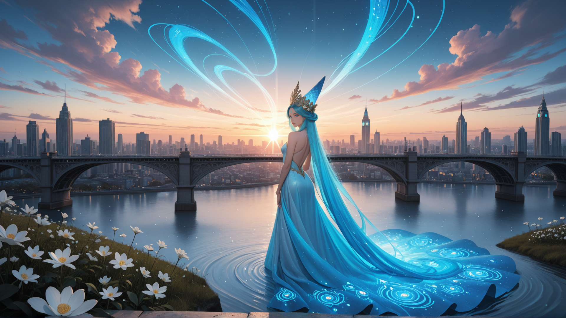 AI generated wallpaper featuring fairy, queen, cityscape, bridge, river, flowers, sunset, magic, gown, helmet