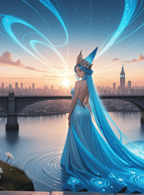 fairy, queen, cityscape, bridge, river, flowers, sunset, magic, gown, helmet