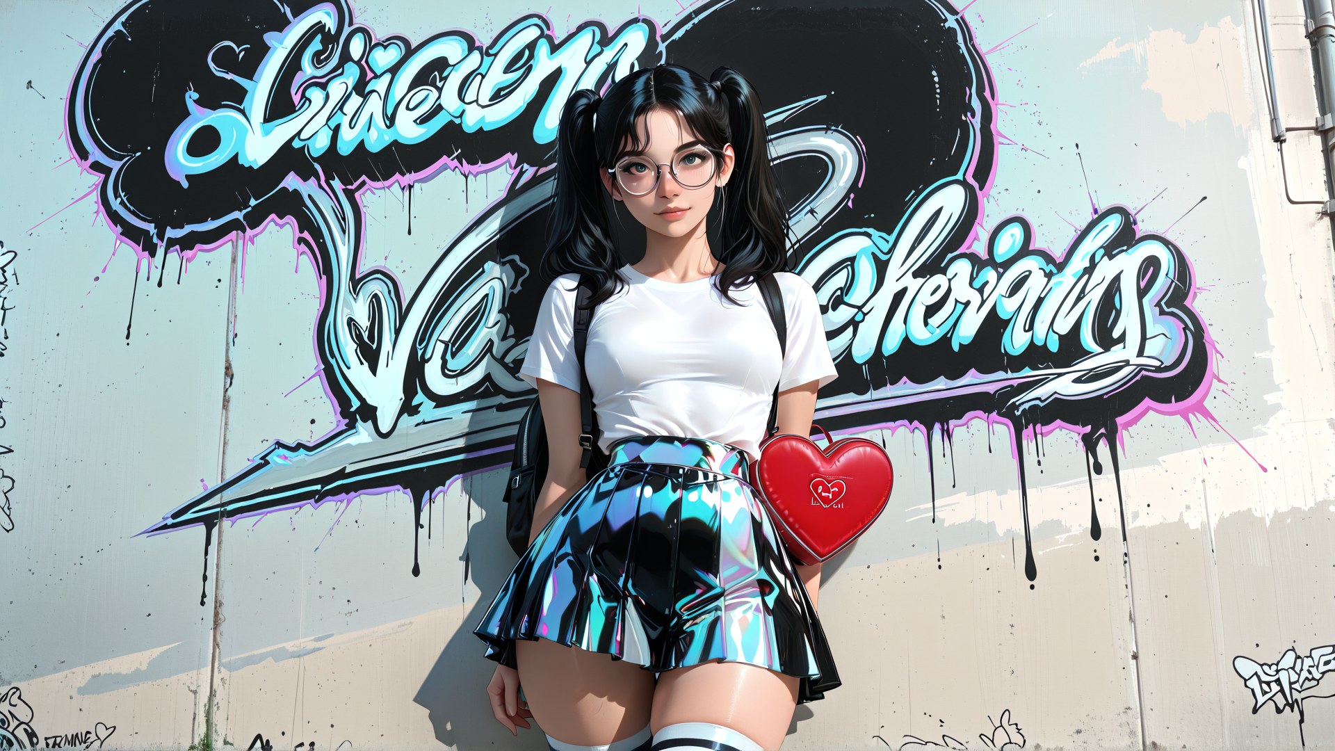 AI generated wallpaper featuring girl, graffiti, heart, skirt, backpack