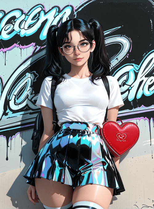 girl, graffiti, heart, skirt, backpack