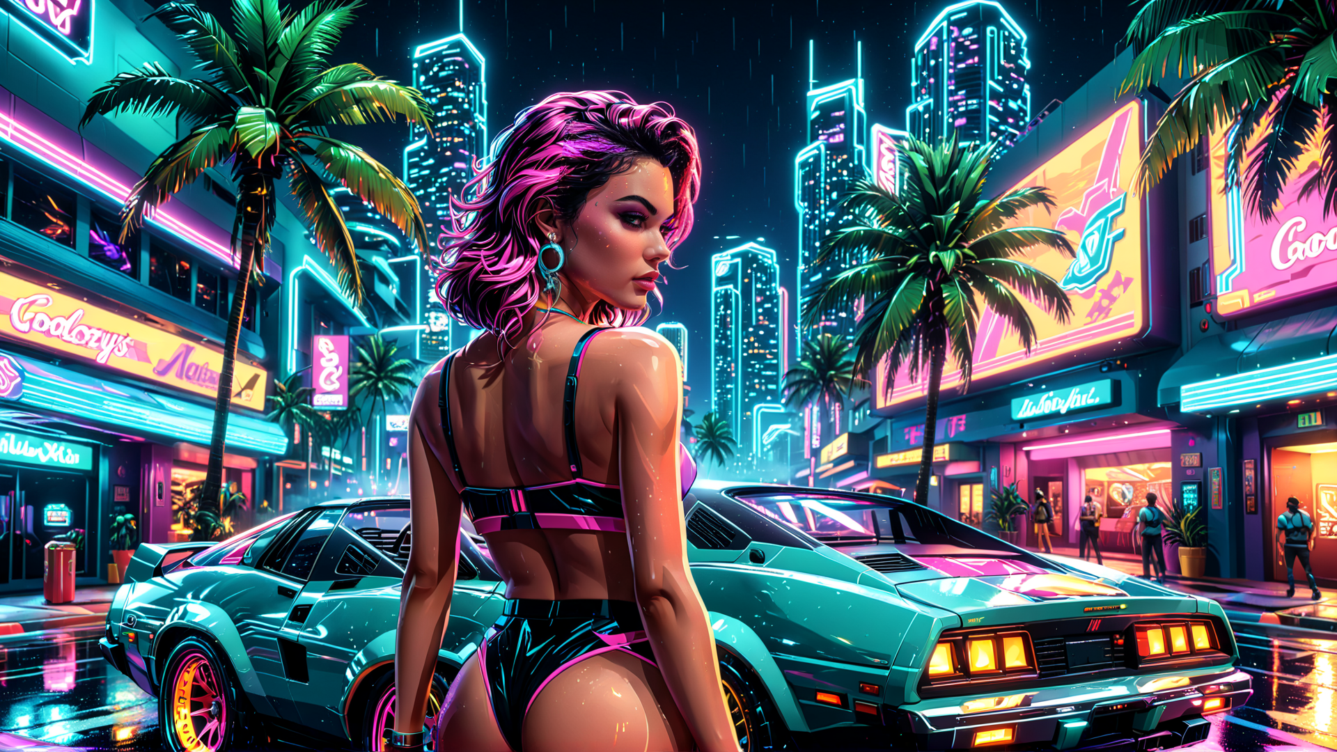 AI generated wallpaper featuring woman, cars, palm trees