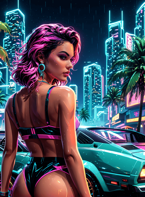 woman, cars, palm trees