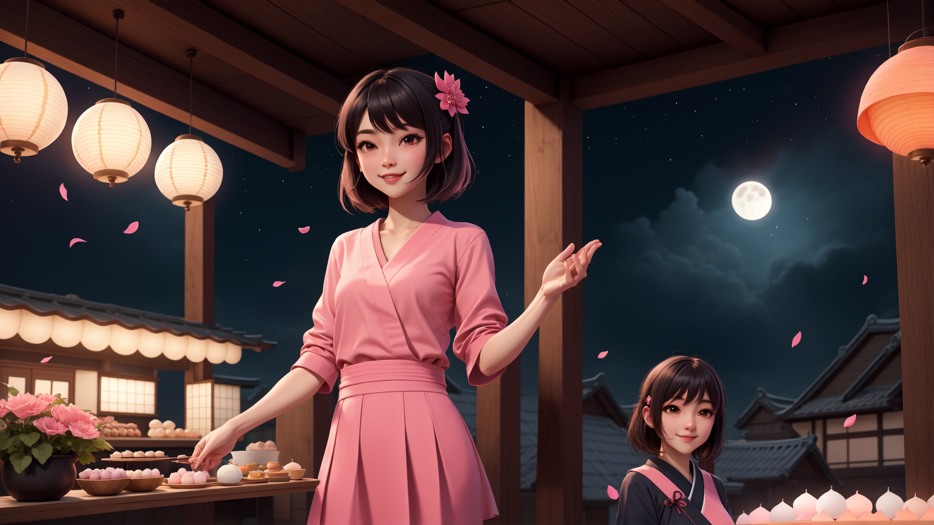 AI generated wallpaper featuring woman, girl, lanterns, moon, flowers, table, food, traditional house, cherry blossoms, lantern