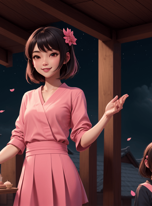 woman, girl, lanterns, moon, flowers, table, food, traditional house, cherry blossoms, lantern