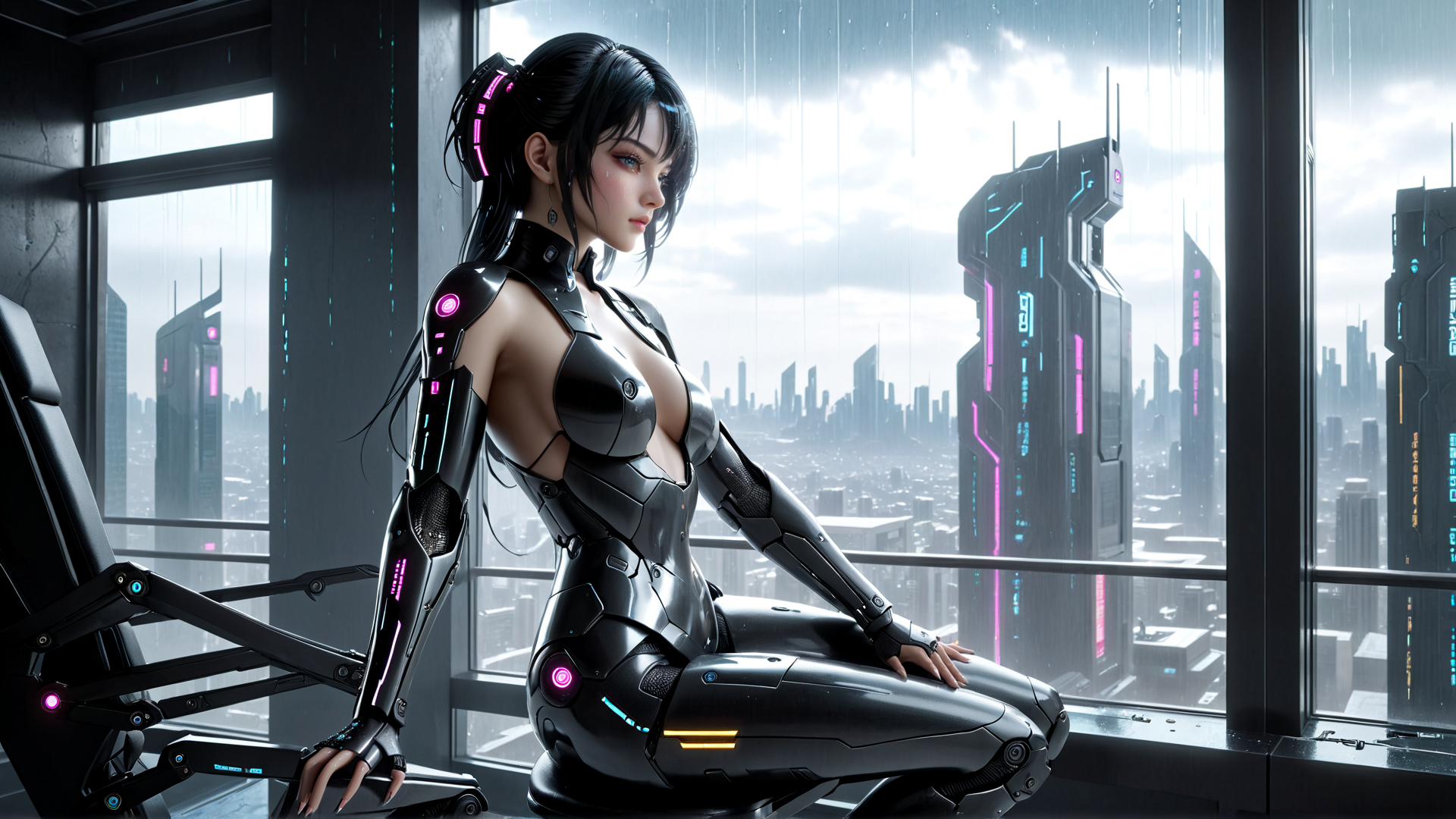 AI generated wallpaper featuring cyborg, woman, city