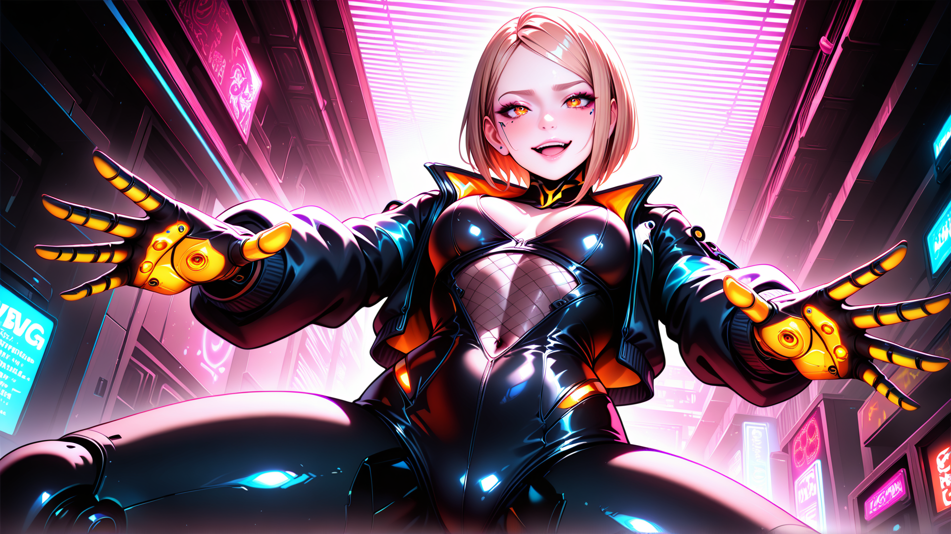 AI generated wallpaper featuring cyberpunk woman, robotic gloves, neon city, glowing hands, futuristic outfit