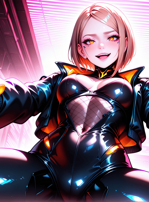 cyberpunk woman, robotic gloves, neon city, glowing hands, futuristic outfit