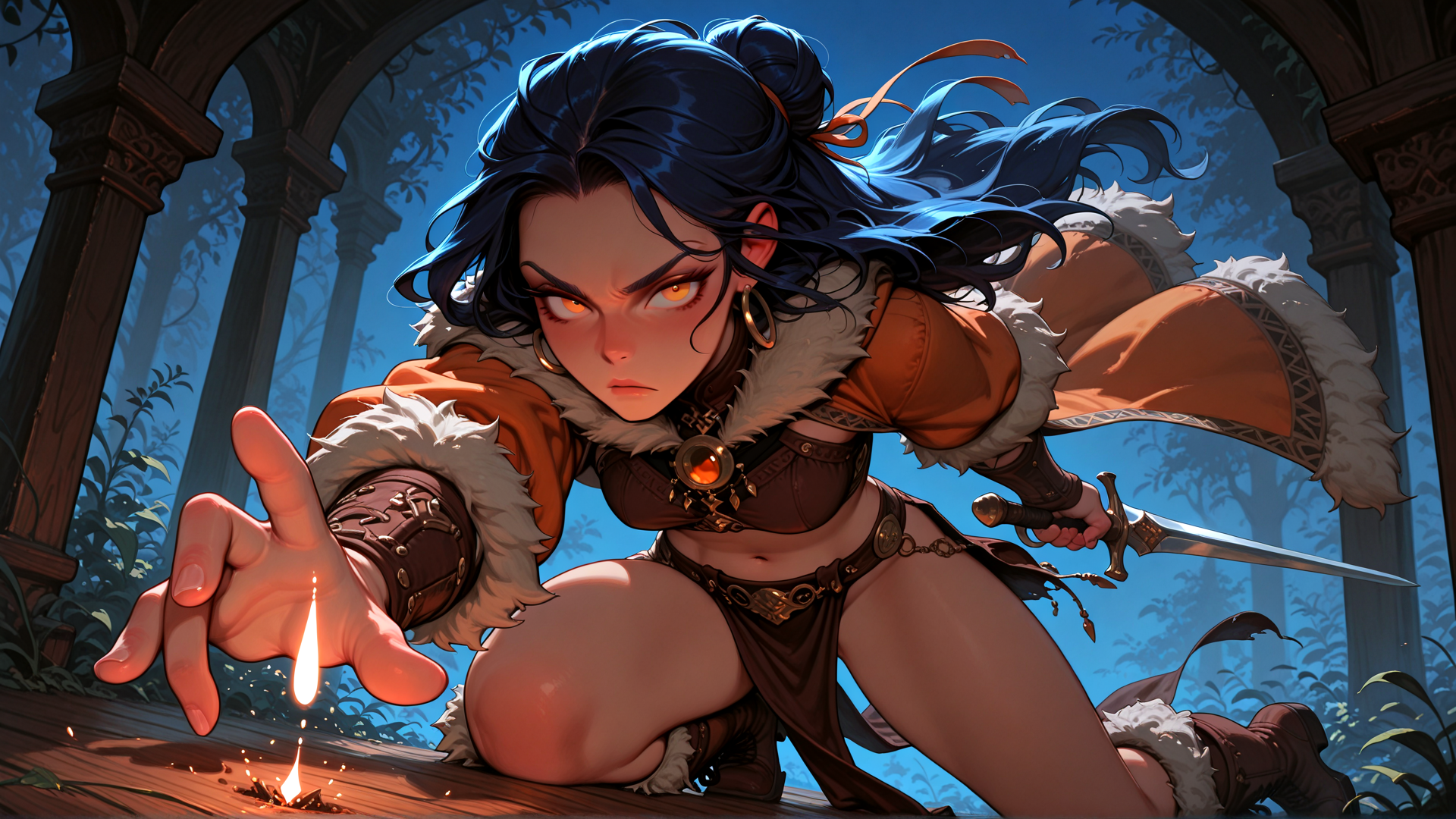 AI generated wallpaper featuring woman, character, mage, warrior, archer, sword, hand, fire, cloak, boots