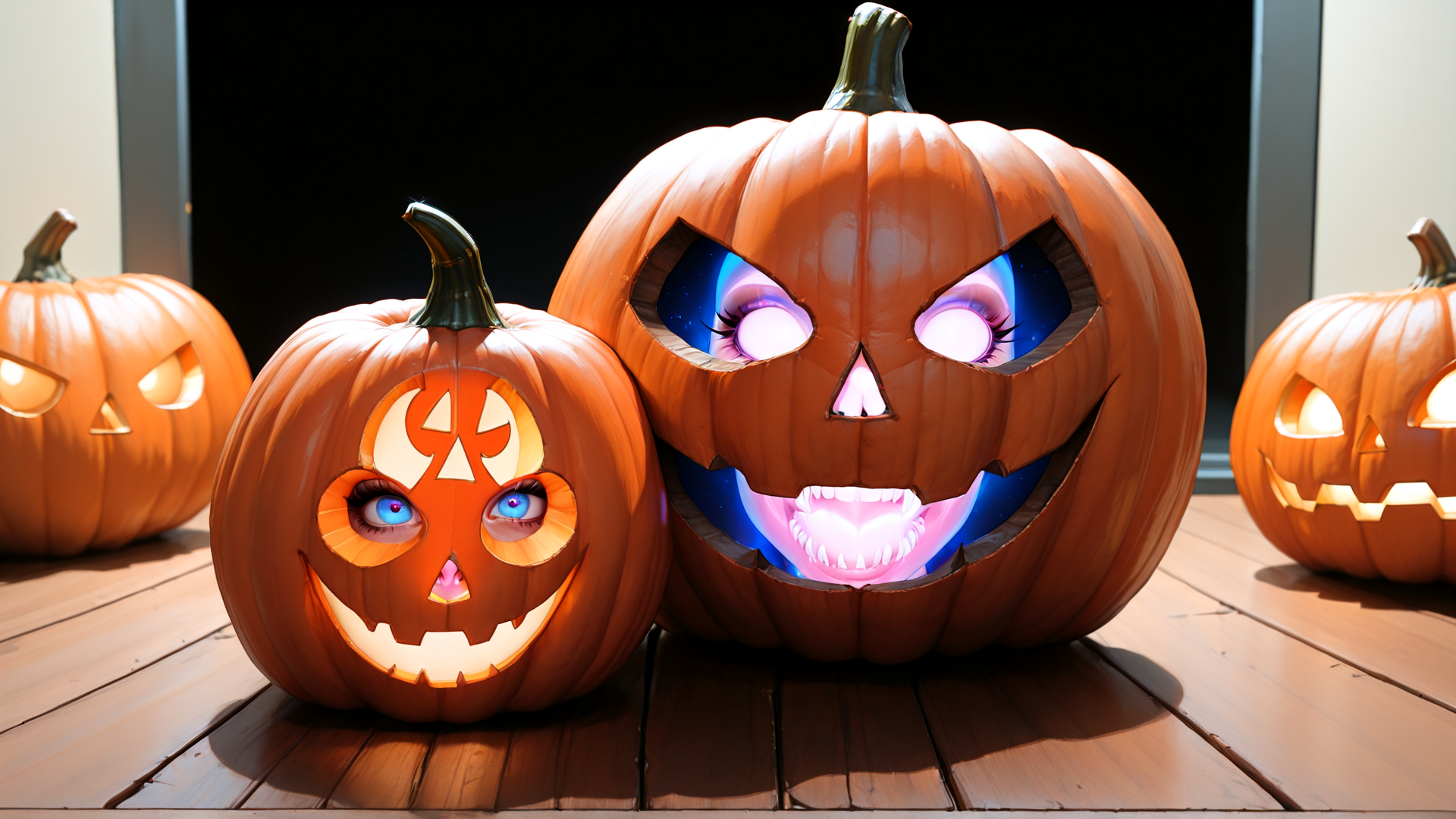 AI generated wallpaper featuring pumpkin, jack-o-lantern, halloween, carving, light, wooden floor, doorway, lantern, decor, eye