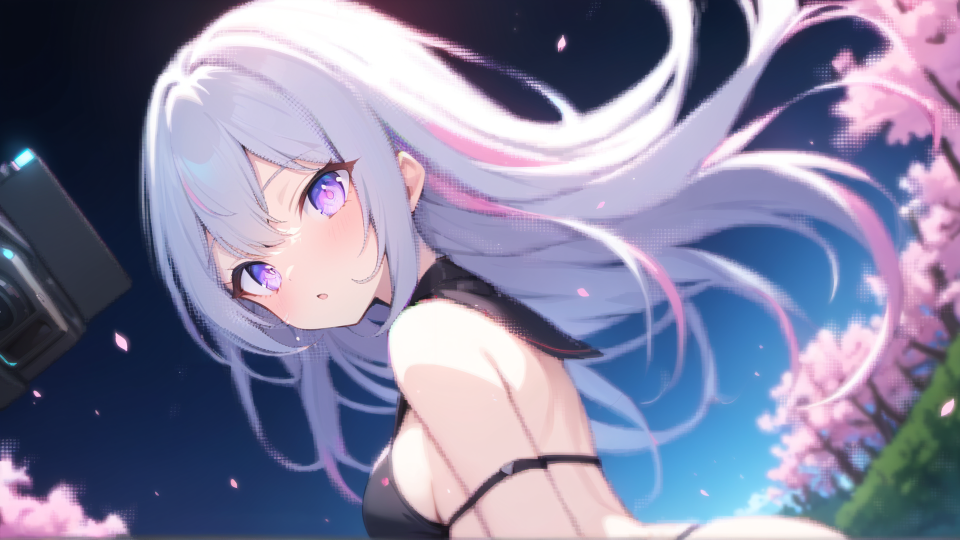 AI generated wallpaper featuring anime girl, cherry blossoms, camera