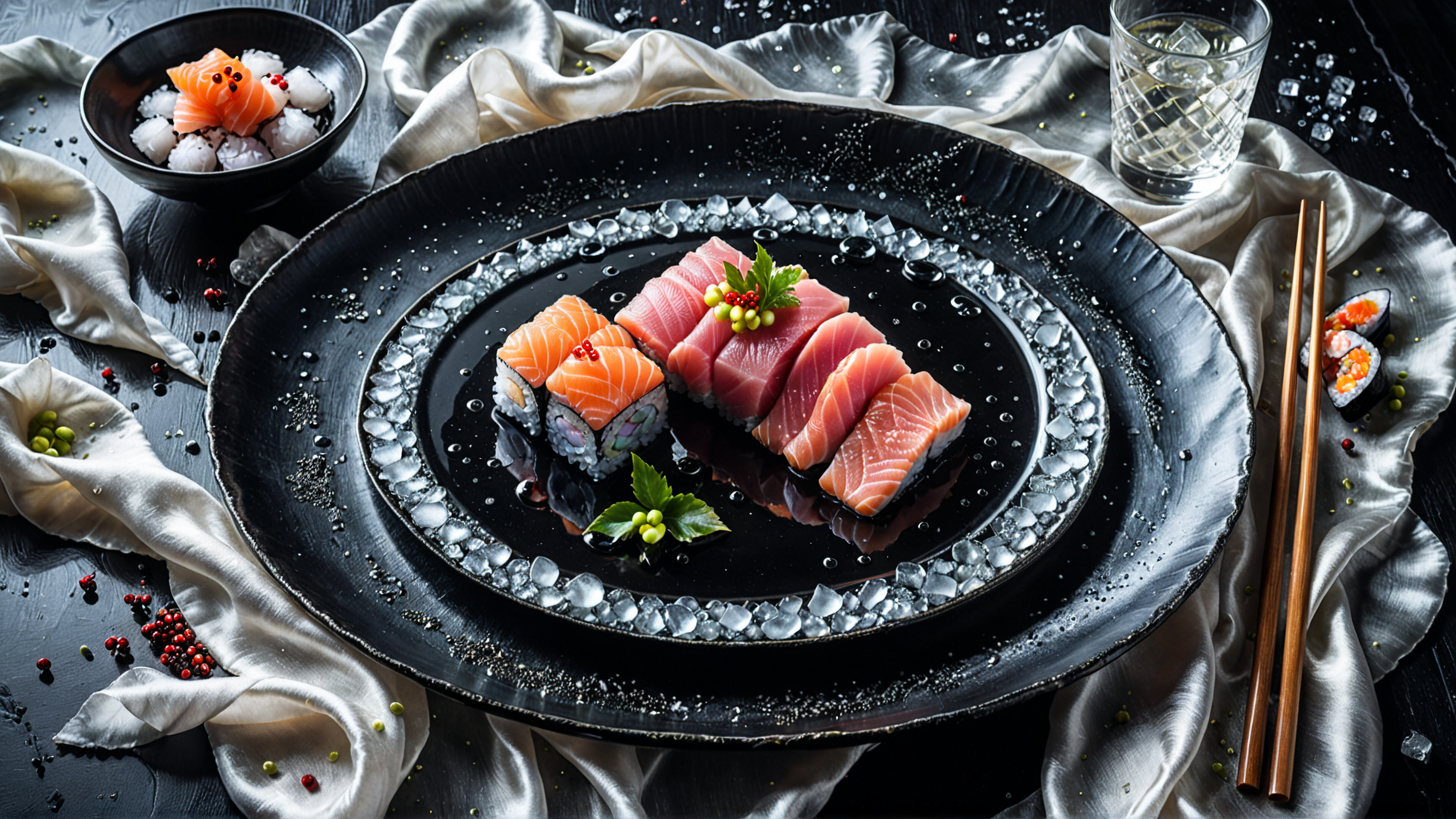 AI generated wallpaper featuring sushi, ice, chopsticks