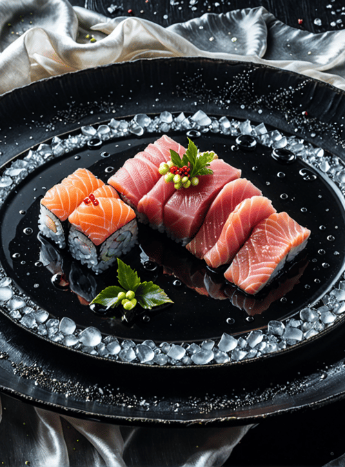 sushi, ice, chopsticks