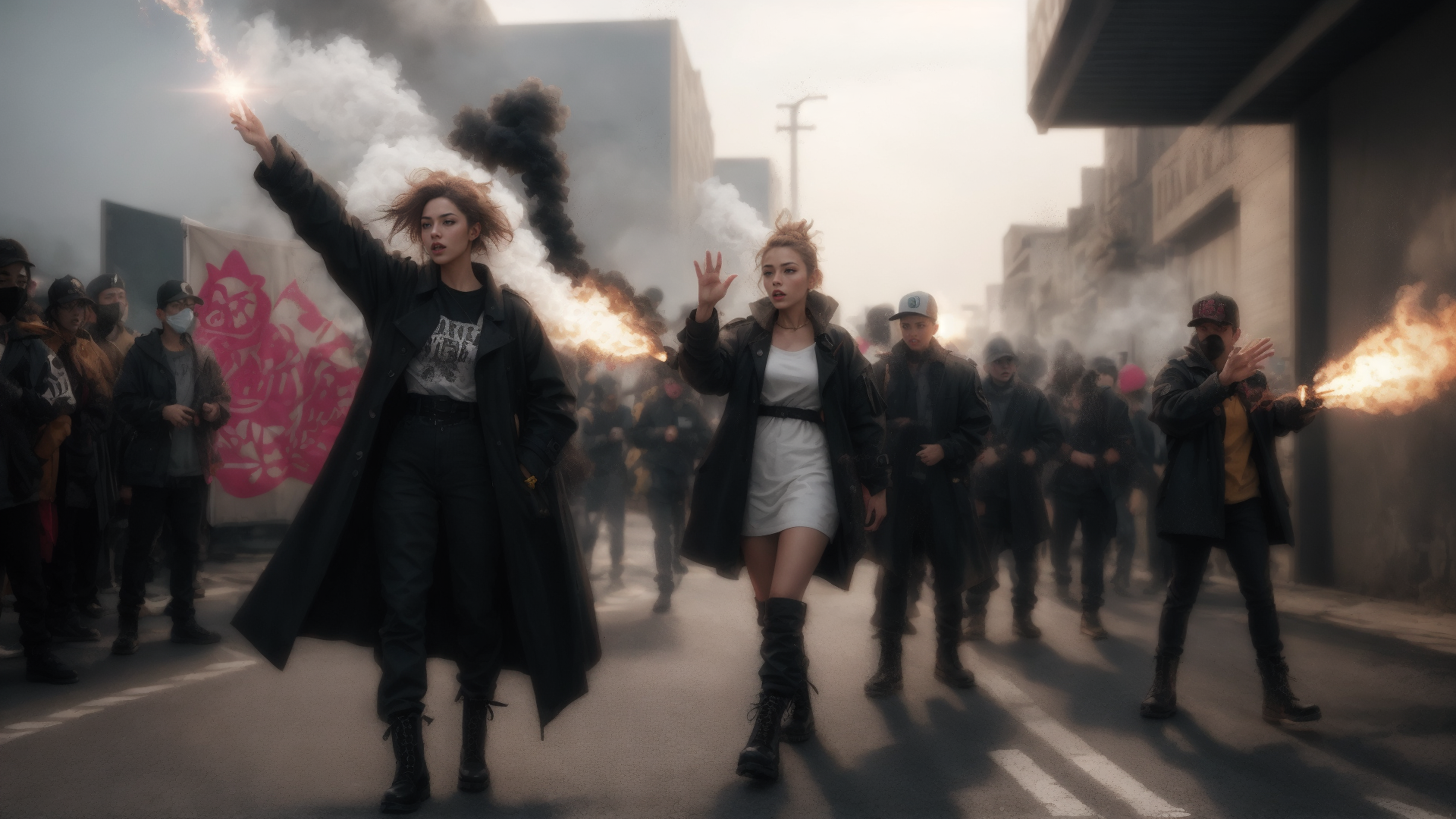 AI generated wallpaper featuring protesters, street, flares