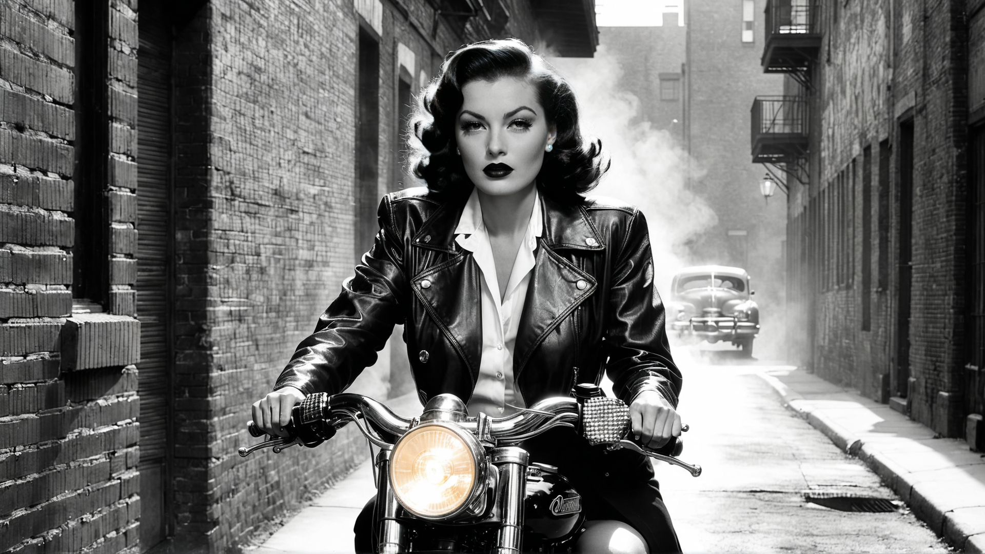 AI generated wallpaper featuring woman, motorcycle, alley