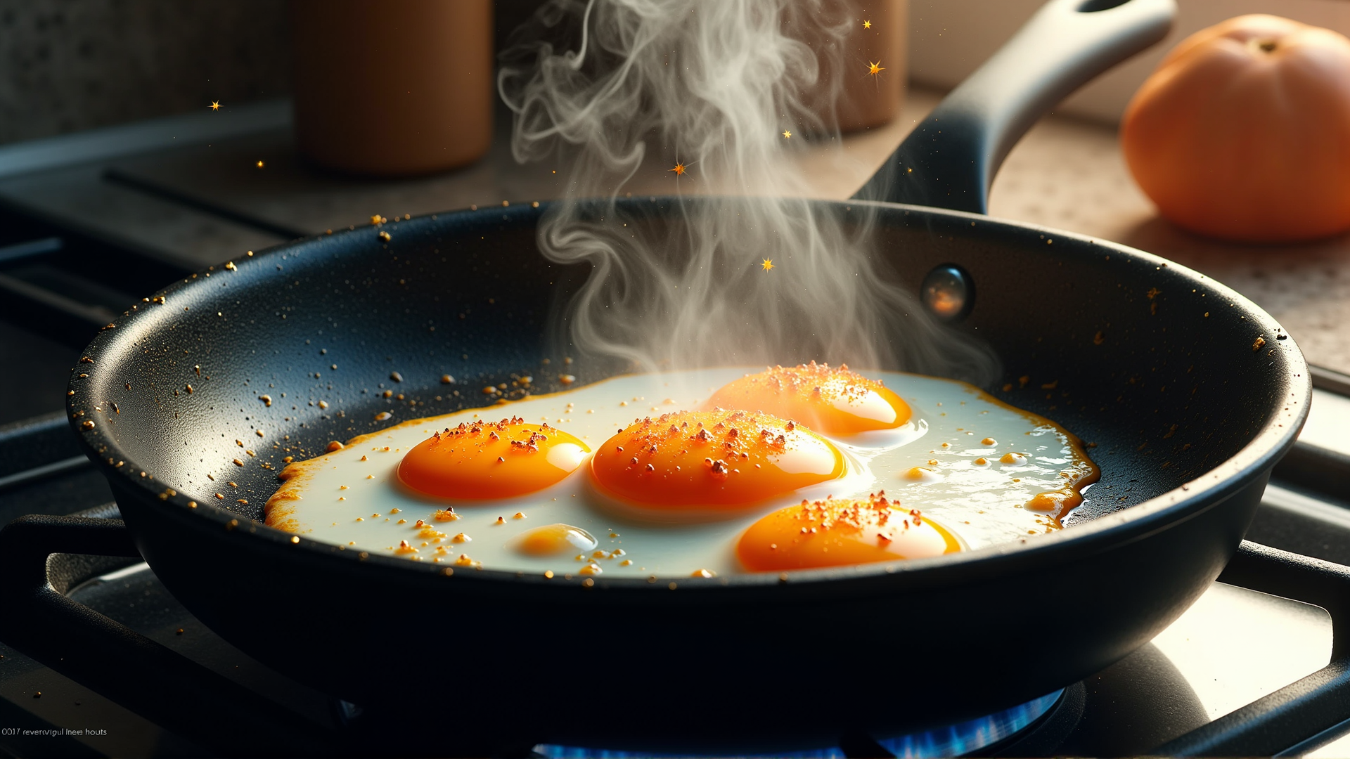 AI generated wallpaper featuring eggs, pan, kitchen