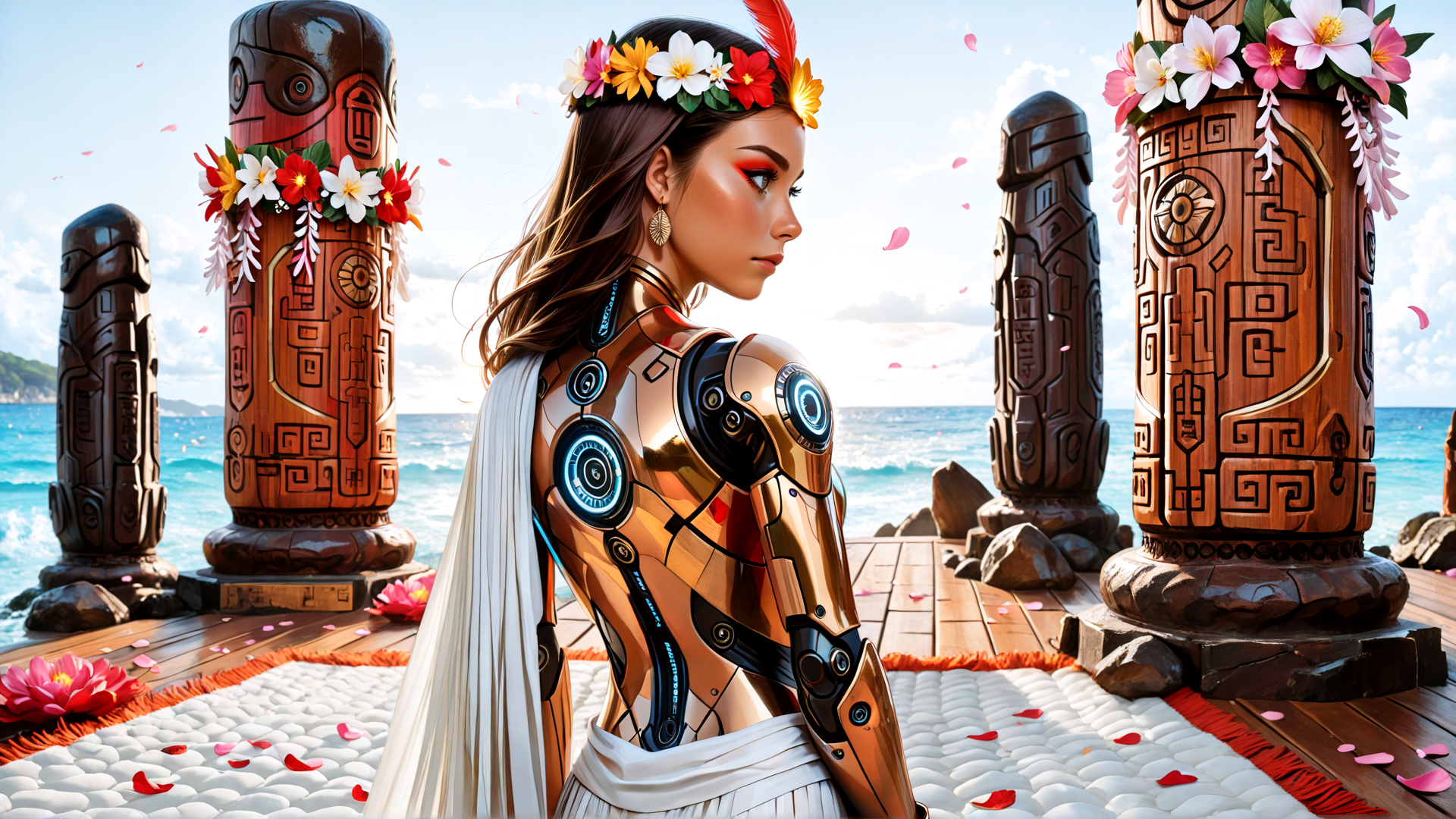 AI generated wallpaper featuring woman, robot, tiki, flowers, ocean, stone, sail, feather, garland, hawaiian
