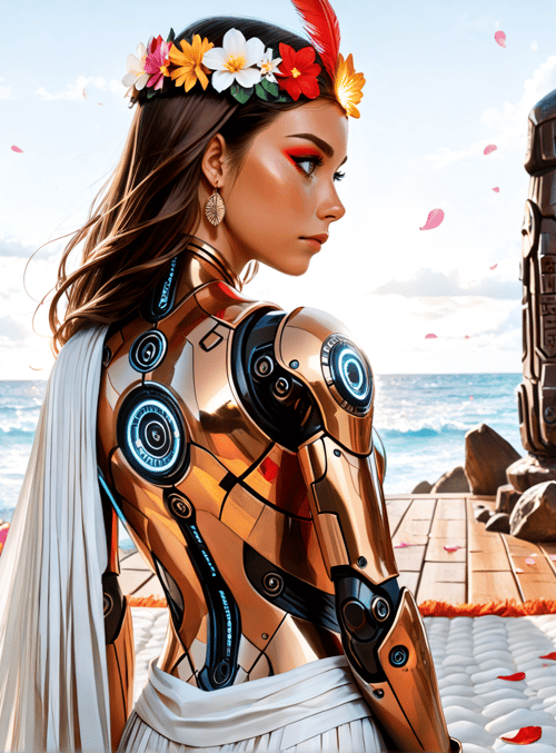 woman, robot, tiki, flowers, ocean, stone, sail, feather, garland, hawaiian