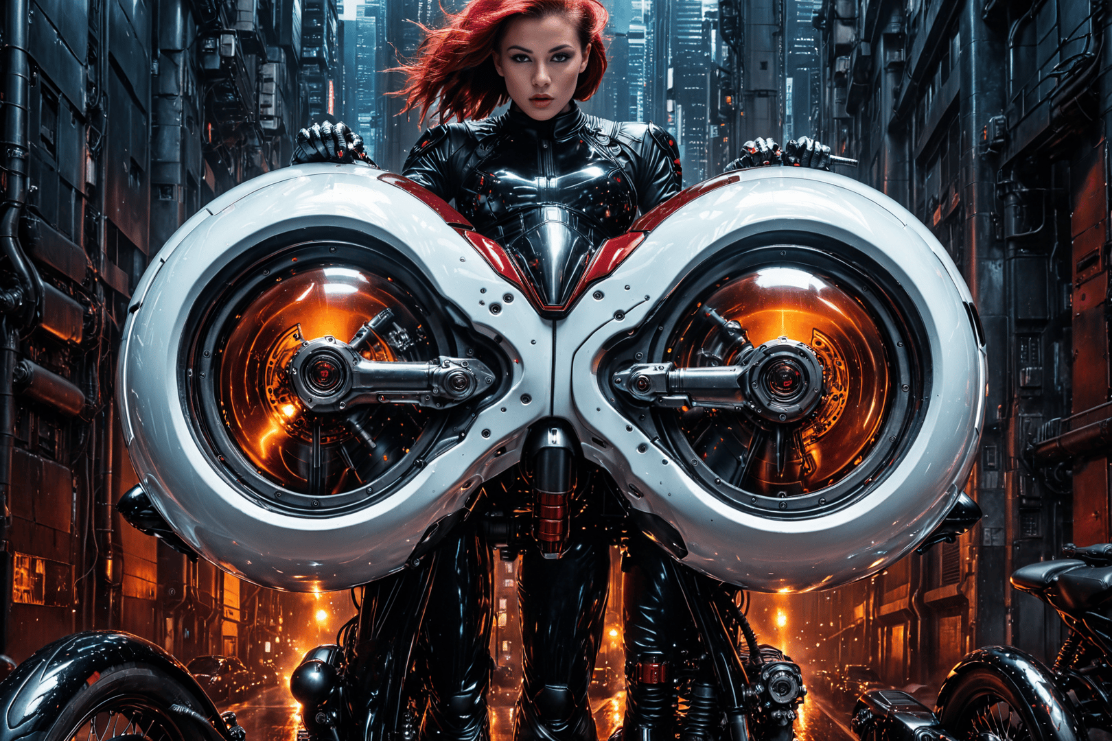 AI generated wallpaper featuring cyborg, motorcycle, woman
