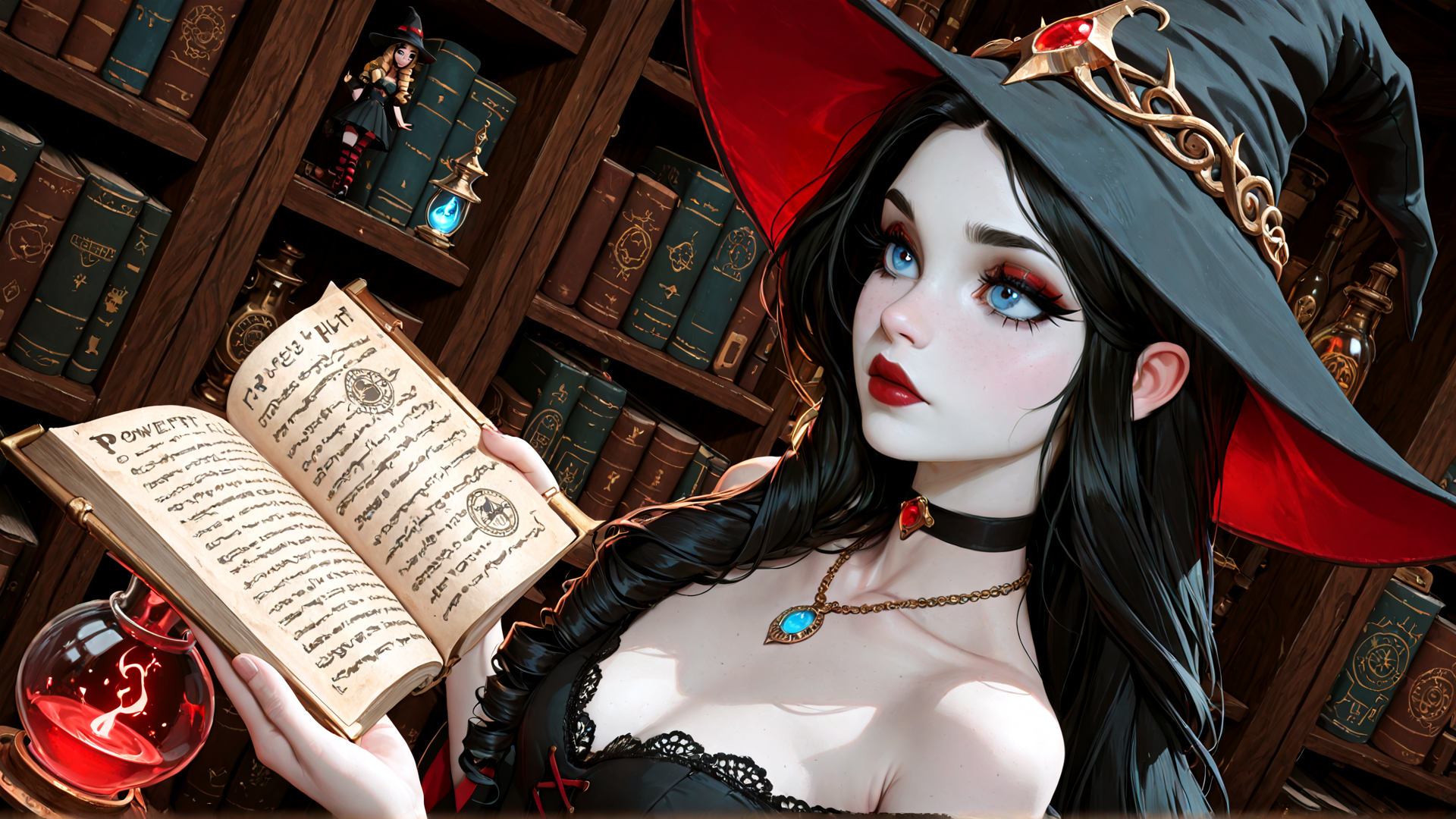 AI generated wallpaper featuring witch, book, library, potions, choker, hat